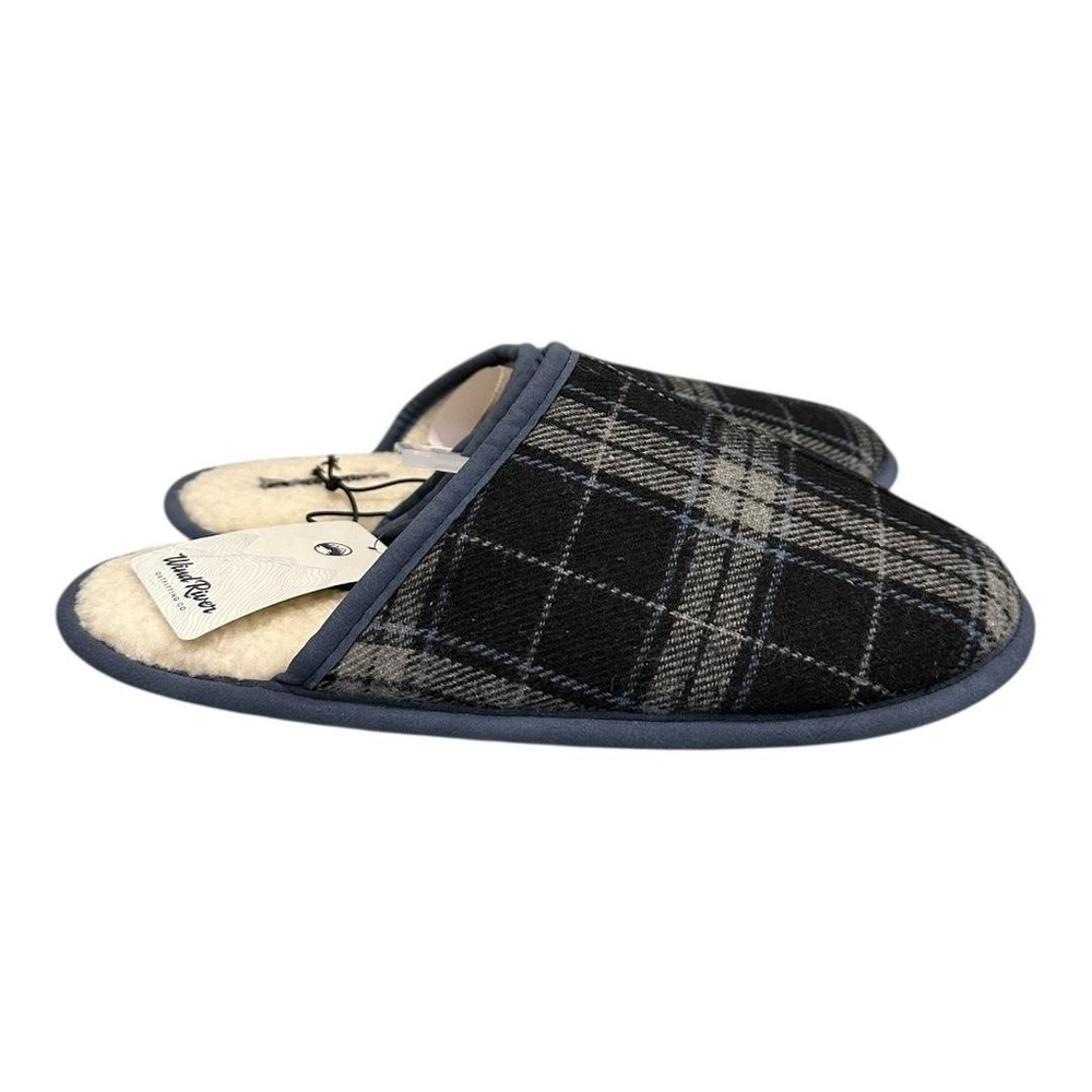 WindRiver Harper Slippers Mens Size 12 Black Plaid Mule Faux Fur House Shoes